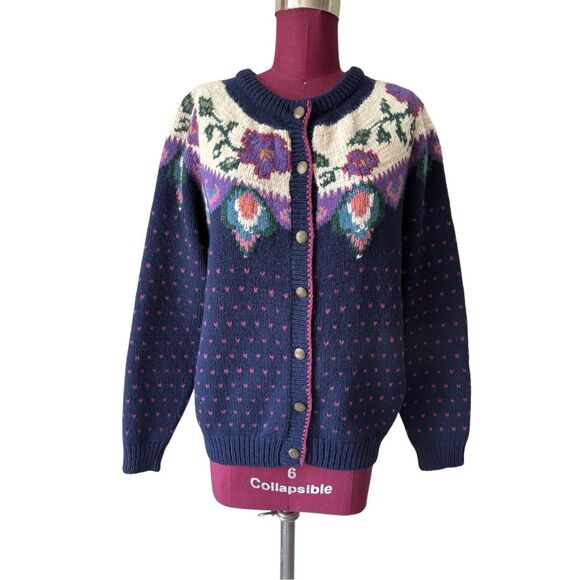 Woolrich Vintage Heart Floral Button Front Wool Cardigan size S - Picture 2 of 10
